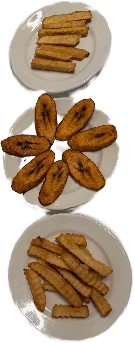 Yam chips, fried plantain and French fries